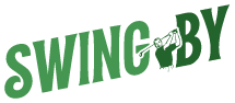 Swing By logo in green letters with an old fashion looking cartoon of a man swinging a golf club.
