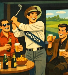 Three cartoon men drinking beer around a table. One is standing, swinging a small golf club and wearing a sash with the word groom on it.