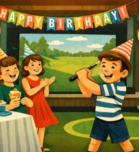 A colourful happy Birthday sign is hung above as three cartoon kids (2 boys and a girl) are in front of a golf simulator.