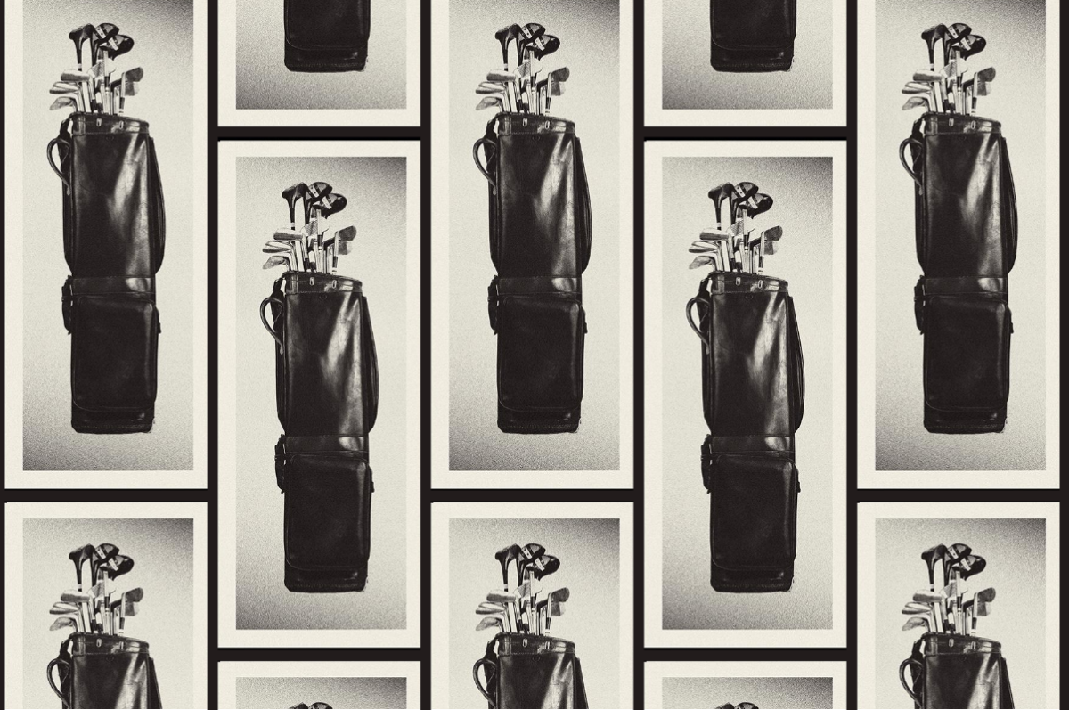 A black and white rendering showing multiple rectangles with the same old fashioned golf club sets in a bag.