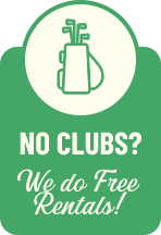 A sketch of a golf bag with clubs sticking out, below is the words No Clubs? We do free rentals!