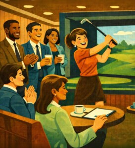 Three cartoon men and 3 women are around a table. One woman is standing up swinging a golf club. A golf simulator is in the background.