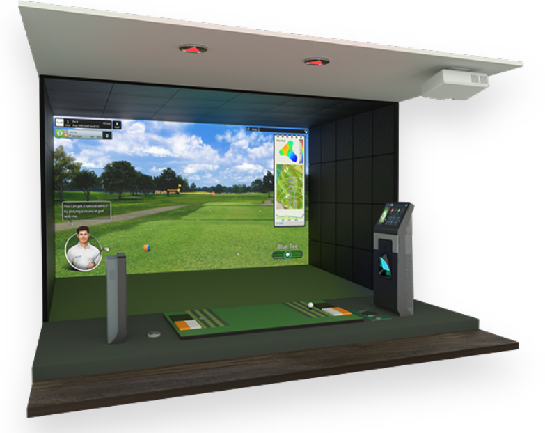 A slightly smaller rendering showing a large screen with a golf course fairway on the screen. In front is a balck box that has the controls to choose the holes and course and on the bottom are two fake grass tee off spots for right or left handed players