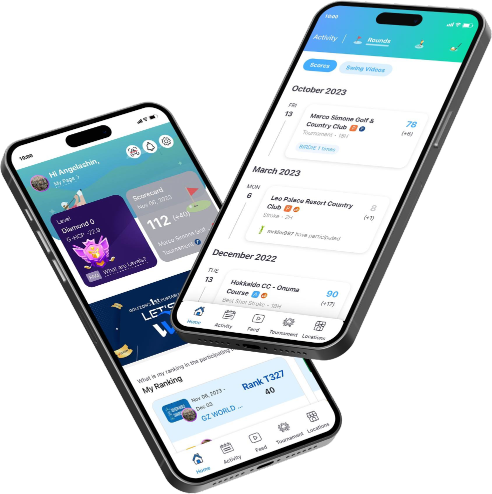 Two cell phones showing different pages of an app. One showing choices of golf courses and the other showing stats and rankings.