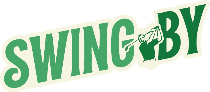 Swing By logo in green letters with an old fashion looking cartoon of a man swinging a golf club.